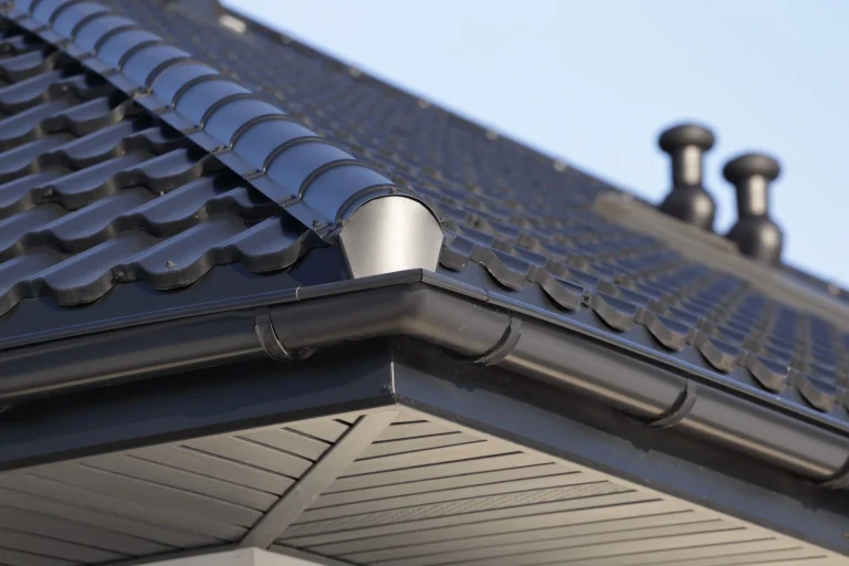 black metal roof and roof gutters Niles